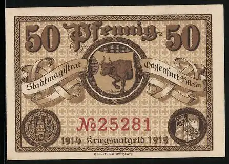 Notgeld Ochsenfurt a. M. 1919, 50 Pfennig, Wappen mit dem Ochsen, Kontroll-Nr. 25281