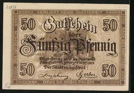 Notgeld Ochsenfurt a. M. 1919, 50 Pfennig, Wappen mit dem Ochsen, Kontroll-Nr. 25281