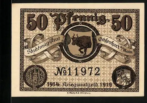 Notgeld Ochsenfurt a. M. 1919, 50 Pfennig, Wappen mit dem Ochsen, Kontroll-Nr. 11972