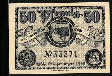 Notgeld Ochsenfurt a. M. 1919, 50 Pfennig, Wappen mit dem Ochsen, Kontroll-Nr. 33371