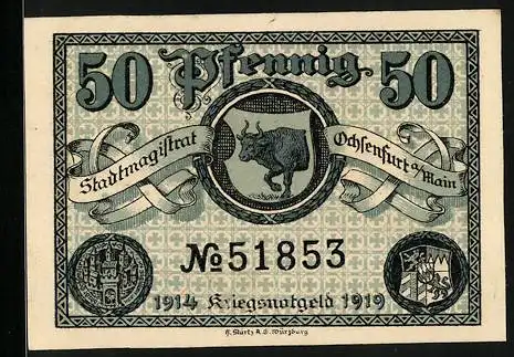 Notgeld Ochsenfurt a. M. 1919, 50 Pfennig, Wappen mit dem Ochsen, Kontroll-Nr. 51853