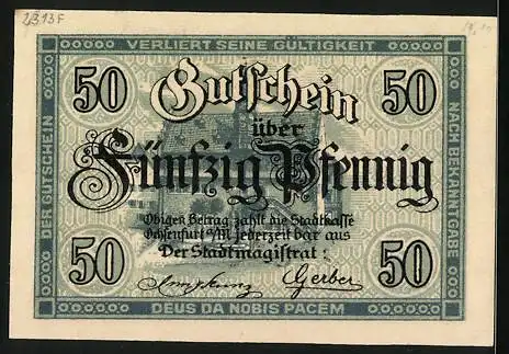 Notgeld Ochsenfurt a. M. 1919, 50 Pfennig, Wappen mit dem Ochsen, Kontroll-Nr. 51853