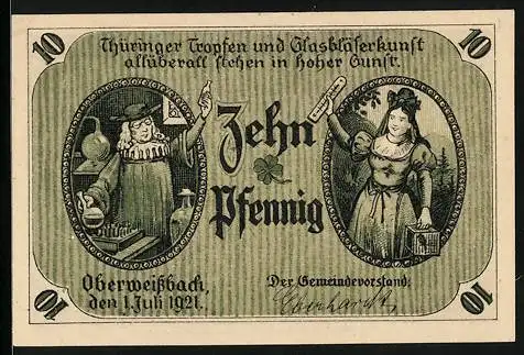 Notgeld Oberweissbach 1921, 10 Pfennig, Thüringer Tropfen und Glasbläserkunst