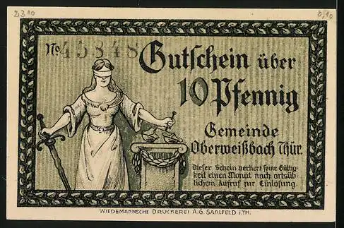 Notgeld Oberweissbach 1921, 10 Pfennig, Thüringer Tropfen und Glasbläserkunst