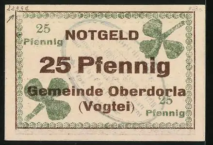 Notgeld Oberdorla /Vogtei, 25 Pfennig, Zwei Kleeblätter