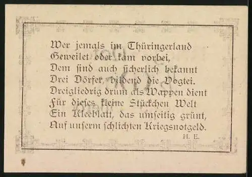 Notgeld Oberdorla /Vogtei, 1/2 Mark, Ein Kleeblatt und ein Gedicht