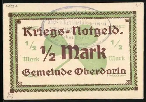 Notgeld Oberdorla /Vogtei, 1/2 Mark, Ein grosses Kleeblatt