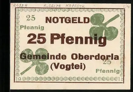 Notgeld Oberdorla /Vogtei, 25 Pfennig, Zwei kleine Kleeblätter