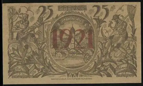 Notgeld Oberammergau 1921, 25 Pfennig, Ortsansicht mit Zentraler Kirche