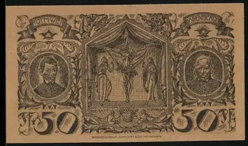 Notgeld Oberammergau 1921, 50 Pfennig, Ortsansicht am Fluss