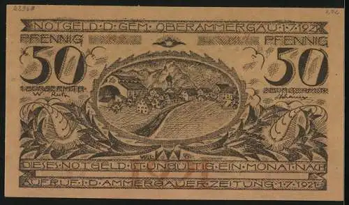 Notgeld Oberammergau 1921, 50 Pfennig, Ortsansicht am Fluss
