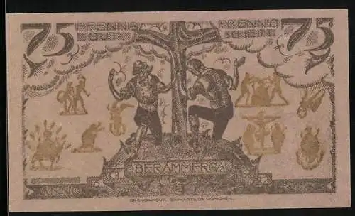 Notgeld Oberammergau 1921, 75 Pfennig, Zwei Männer beten am Kreuz, Ortsansicht
