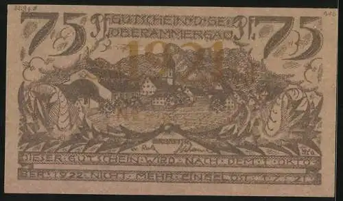 Notgeld Oberammergau 1921, 75 Pfennig, Zwei Männer beten am Kreuz, Ortsansicht