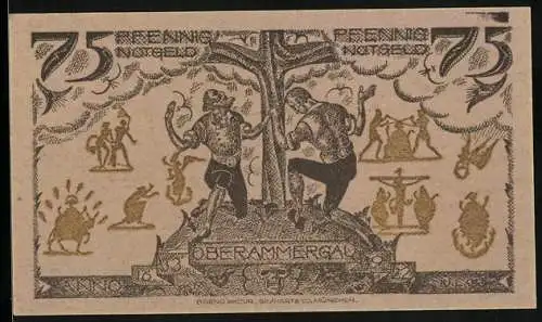 Notgeld Oberammergau 1921, 75 Pfennig, Ortsansicht, Zwei betende Männer am Kreuz