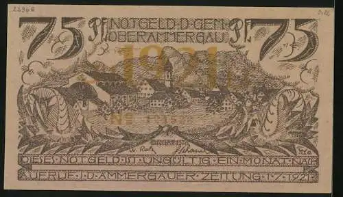 Notgeld Oberammergau 1921, 75 Pfennig, Ortsansicht, Zwei betende Männer am Kreuz