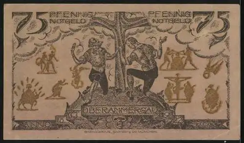 Notgeld Oberammergau 1921, 75 Pfennig, Zwei betende Männer am Kreuz, Ortsansicht