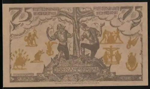 Notgeld Oberammergau 1921, 75 Pfennig, Ortsansicht am Berg, Betende Männer am Kreuz