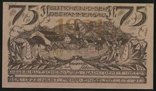 Notgeld Oberammergau 1921, 75 Pfennig, Ortsansicht am Berg, Betende Männer am Kreuz