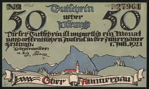 Notgeld Oberammergau 1922, 50 Pfennig, Gesamtansicht gegen die Berge