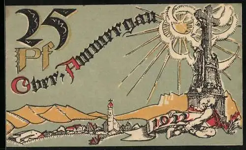 Notgeld Oberammergau 1922, 25 Pfennig, Das Wegkreuz in der Sonne vor der Ortschaft