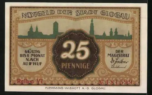 Notgeld Glogau, 25 Pfennig, Silhouette der Stadt