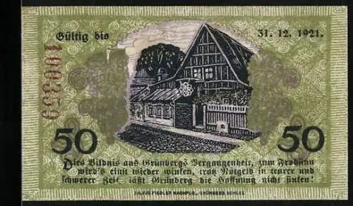 Notgeld Grünberg i. Schlesien, 50 Pfennig, Ortsansicht am Rathausplatz, Ortspartie aus der Vergangenheit