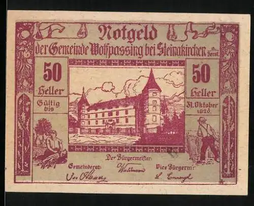 Notgeld Wolfpassing bei Steinakirchen 1920, 50 Heller, Blick aufs Schloss