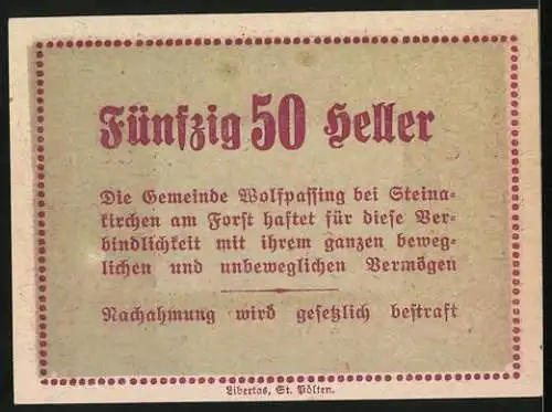 Notgeld Wolfpassing bei Steinakirchen 1920, 50 Heller, Blick aufs Schloss