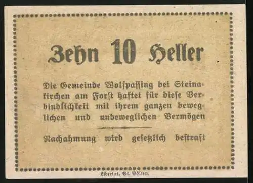 Notgeld Wolfpassing bei Steinakirchen 1920, 10 Heller, Blick aufs Schloss