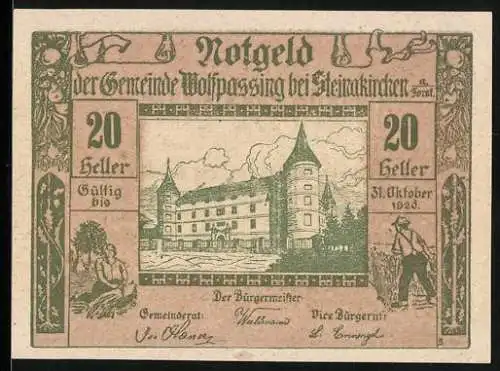Notgeld Wolfpassing bei Steinakirchen 1920, 20 Heller, Partie am Schloss