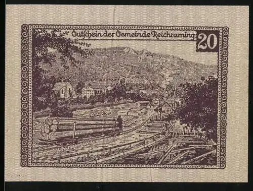 Notgeld Reichraming 1920, 20 Heller, Baumstämme am Sägewerk