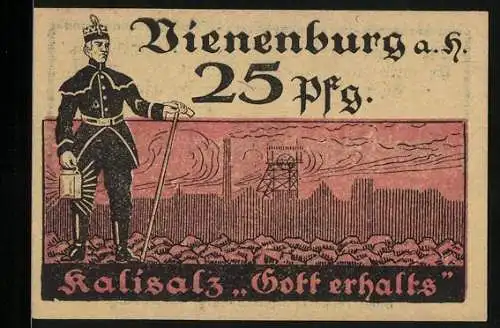 Notgeld Vienenburg a. H. 1921, 25 Pfennig, Bergmann mit Grubenlampe auf Kalisalz