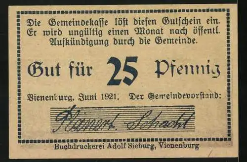 Notgeld Vienenburg a. H. 1921, 25 Pfennig, Bergmann mit Grubenlampe auf Kalisalz