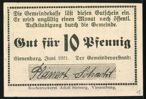 Notgeld Vienenburg a. H. 1921, 10 Pfennig, Ortsansicht mit Burg