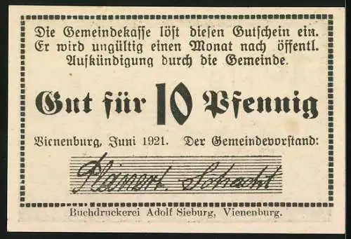 Notgeld Vienenburg a. H. 1921, 10 Pfennig, Ortsansicht mit der Burg