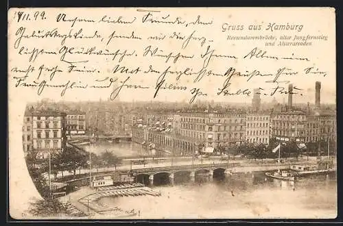 AK Hamburg, Alter Jungfernstieg mit Reesendammbrücke und Alsterarcaden