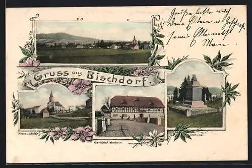 AK Bischdorf / Rosendorf, Gasthaus Gerichtskretscham, Kirche und Schule, Totalansicht, Denkmal