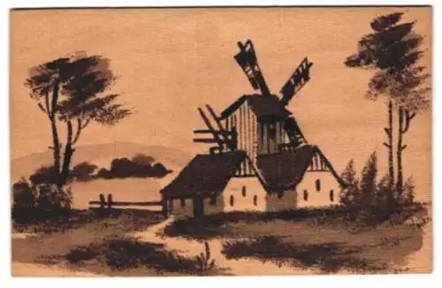 Holz-AK Zwei Häuser an der Windmühle