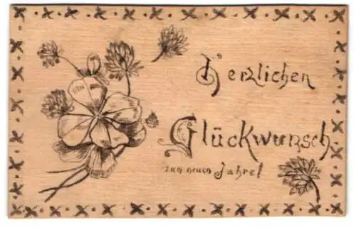 Holz-AK Blühender Glücksklee, Neujahrskarte