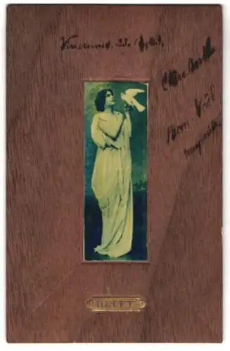 Holz-AK Delft, Junge Frau mit weisser Taube auf der Hand