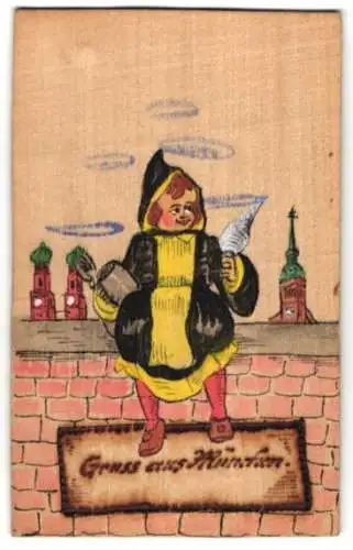 Holz-AK München, Männchen im Kostüm mit einer Rübe und einem Krug Bier