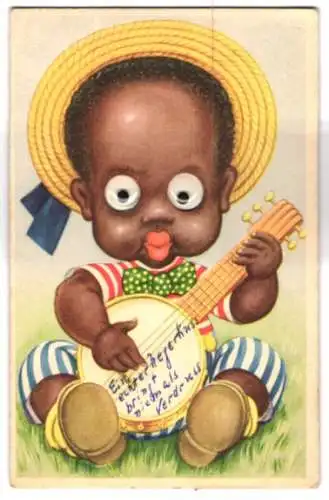 Glasaugen-AK Kleiner Afroamerikaner mit Kulleraugen und Strohhut spielt Banjo