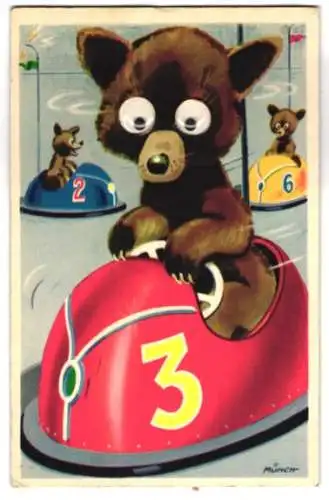 Glasaugen-AK Braunbären fahren Autoscooter