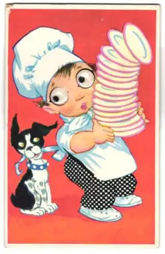 Glasaugen-AK Kleiner Koch mit einem Stapel Teller, ein Hund öffnet seine Schürze