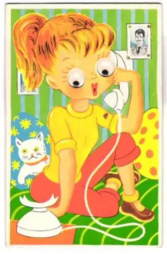 Glasaugen-AK Junge Frau mit Kulleraugen am Telefon