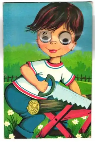 Glasaugen-AK Junge sägt an einem kleinen Baumstamm