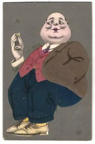 Filz-AK Ein Fülliger Mann im Anzug aus Filz mit einer Champagner-Flöte