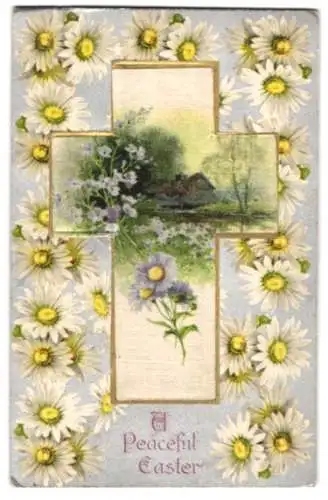 Seiden-AK Einsames Haus an einem Fluss, Ansicht auf kreuzförmigem Seidenausschnitt