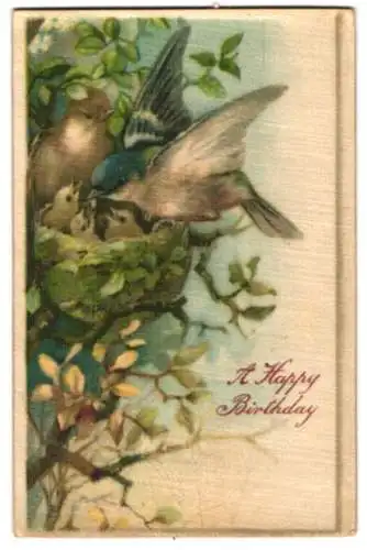 Seiden-AK Zwei Elternvögel am Nest mit den Schlüpflingen, Geburtstagskarte
