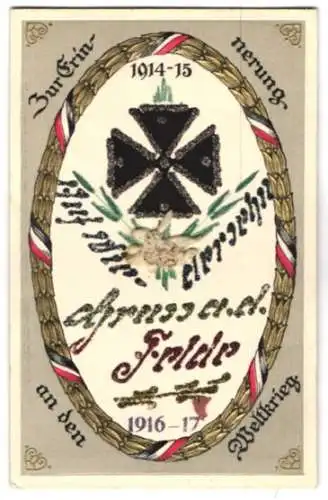 Trockenblumen-AK Erinnerungskarte an den Ersten Weltkrieg mit Eisernem Kreuz und echter Blume